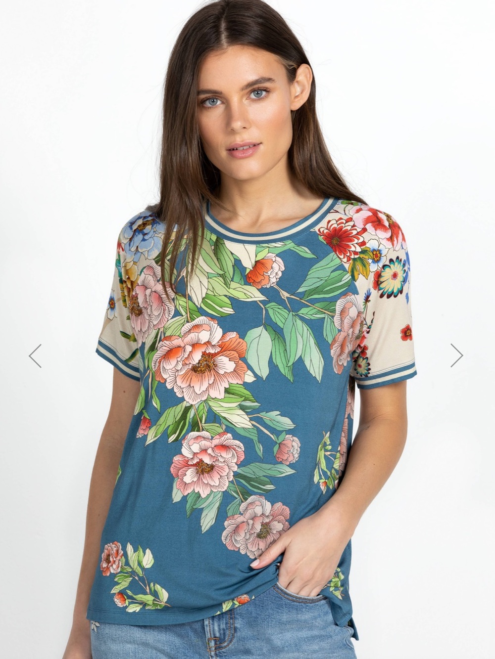 Johnny Was Teal-Blue Floral Raglan Tee with Cream Sleeves